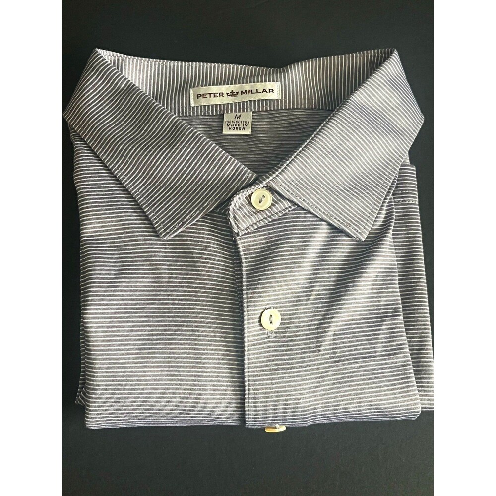 Peter Millar Polo Mens Medium Gray White Striped Cotton Short Sleeve 100% Cotton